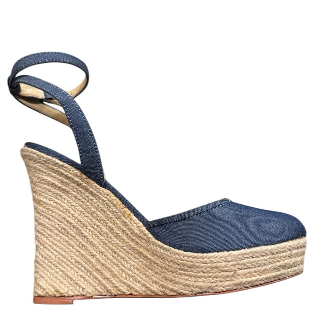 EUC Victoria's Secret ESPADRILLE NAVY CANVAS ANKLE STRAP WEDGE SANDAL …